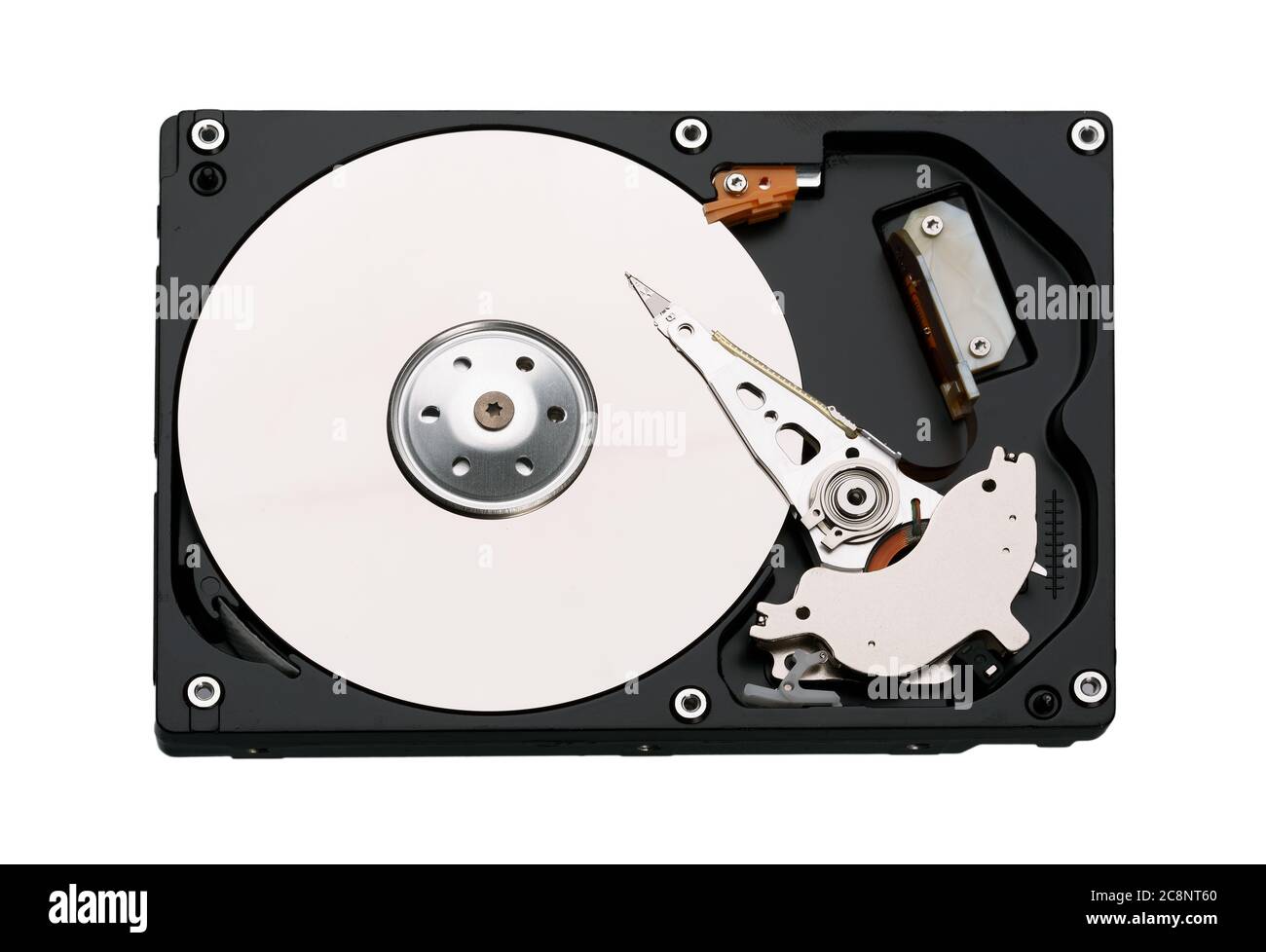 Opened hard drive unit from above. Stock Photo