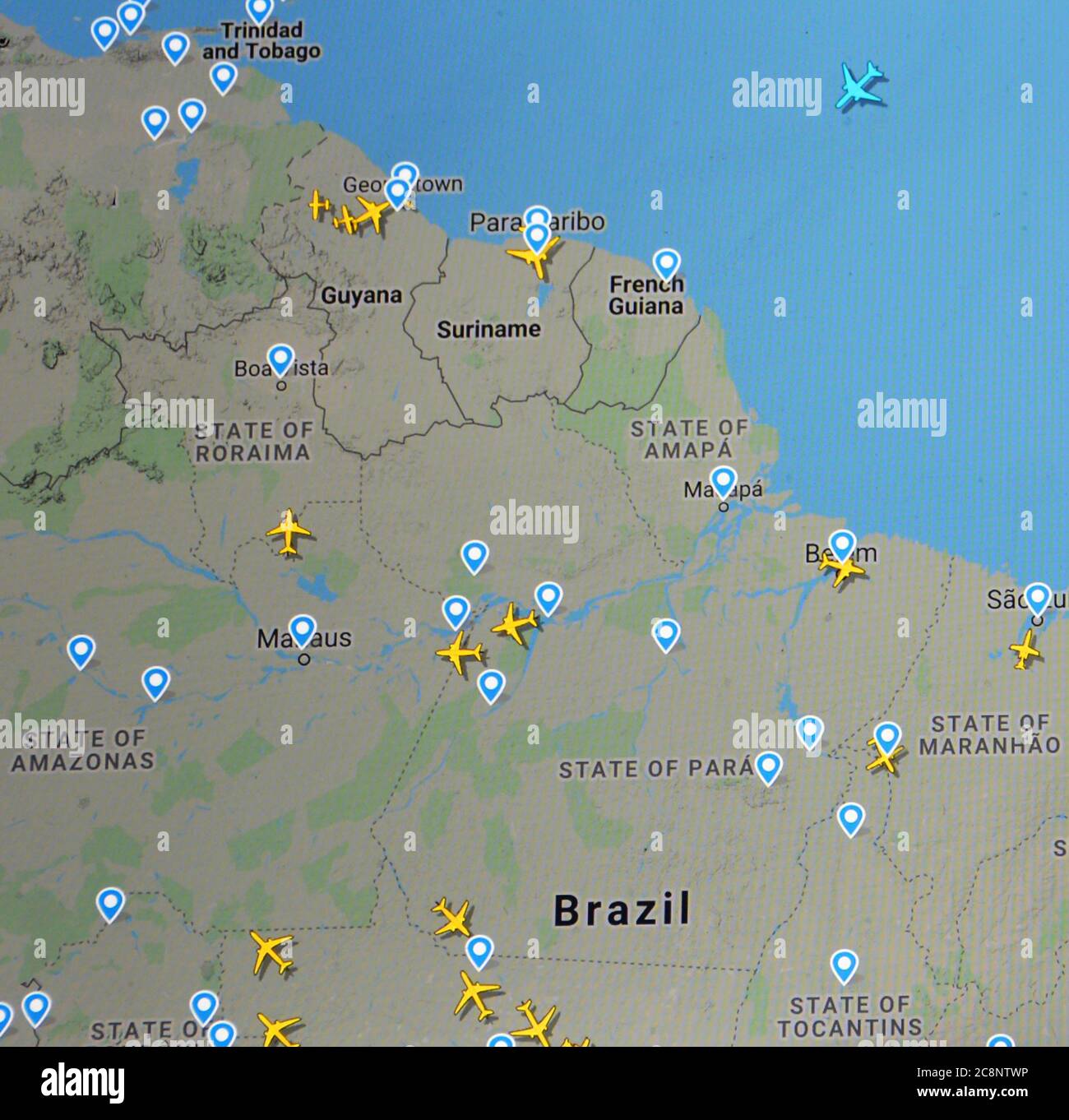 air traffic over Amazonia (25 july 2020, UTC 16.59), on Internet with Flightradar 24 site, during the Coronavirus Pandemic Stock Photo