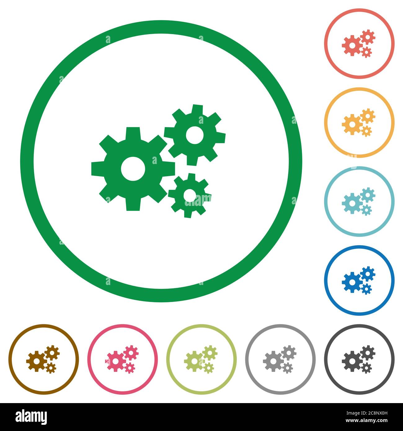 Set of gears color round outlined flat icons on white background Stock ...