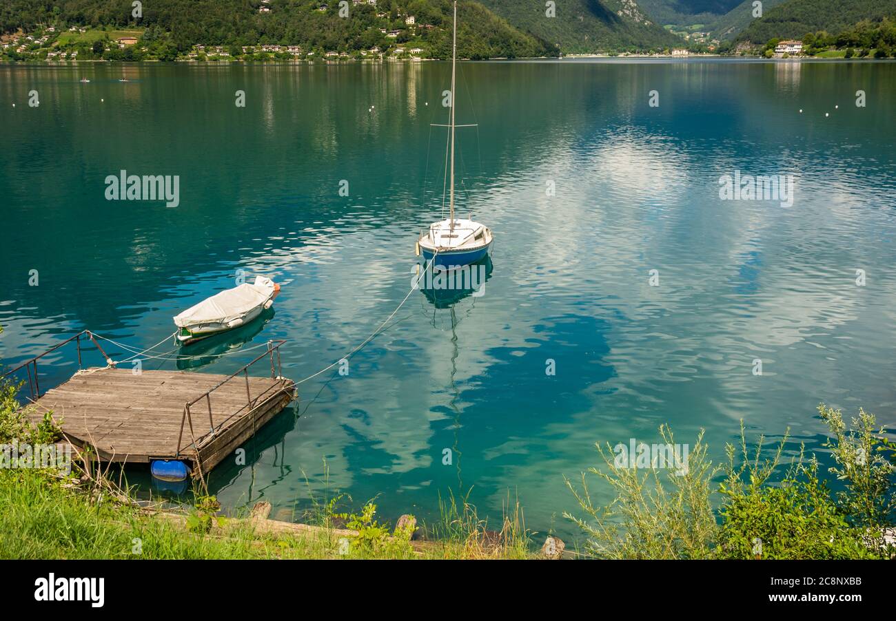 Ledro Lake in Ledro Valley, Trentino Alto Adige,northern Italy, Europe. This lake is one of the most beautiful in the Trentino. Stock Photo