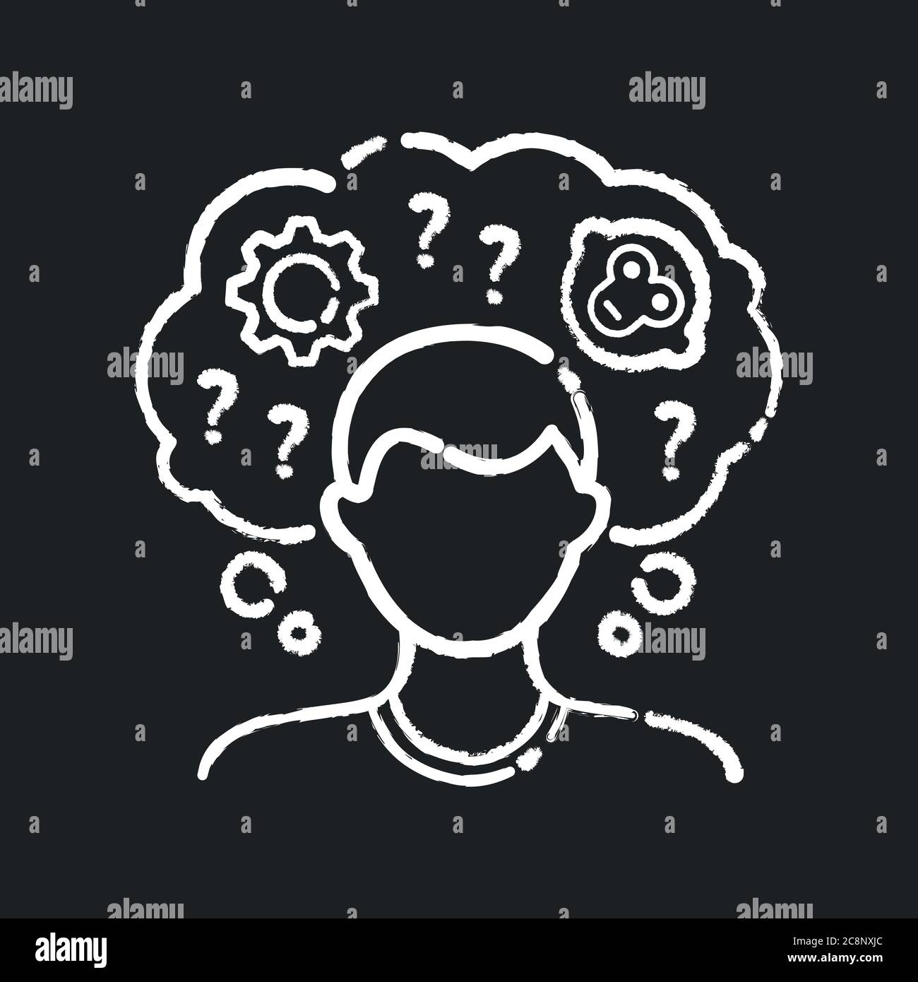 Intellectual disability chalk white icon on black background. Person with short term memory loss. Think in confusion. Chronic disease. Mental problem. Stock Vector