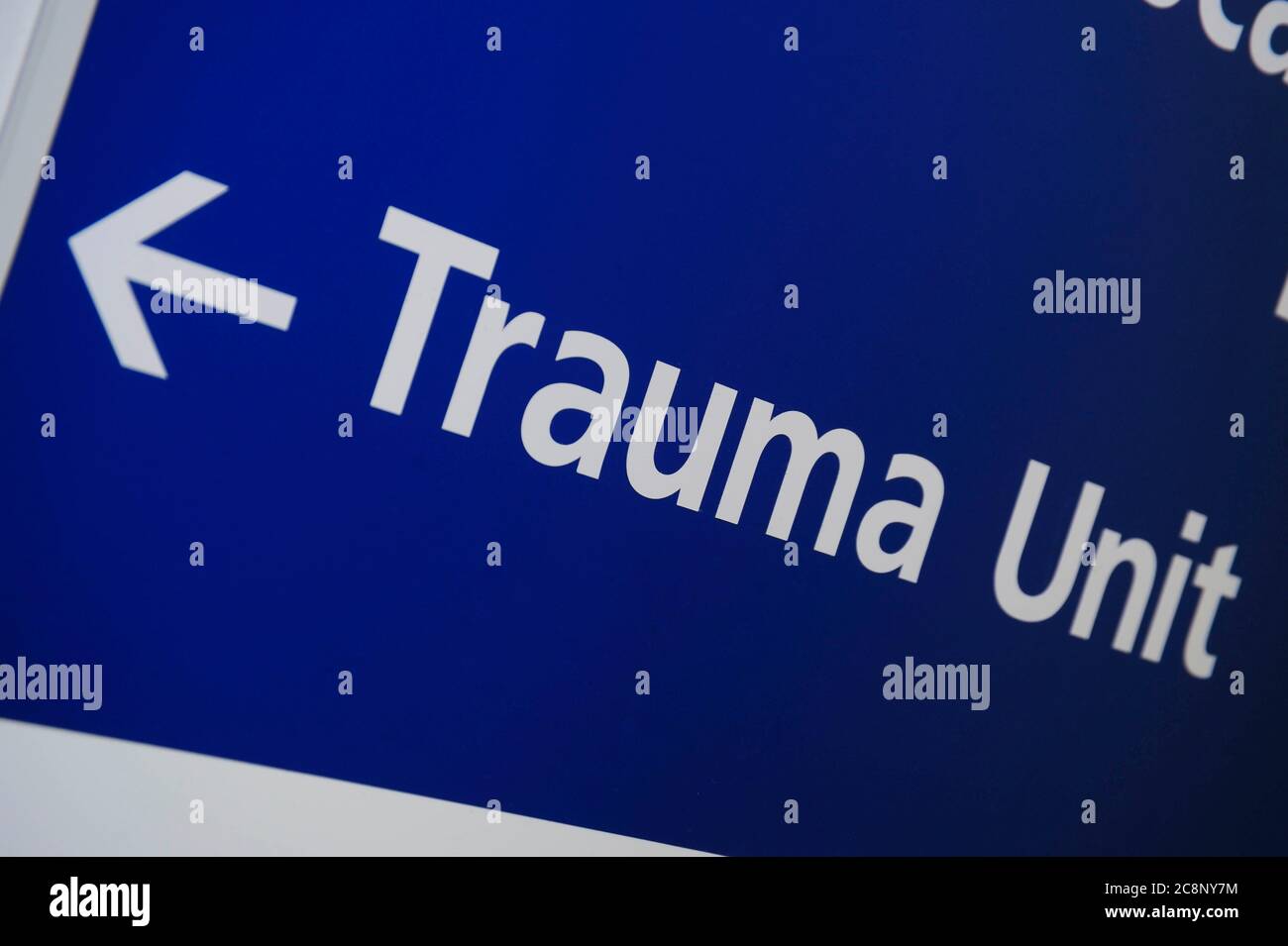 Trauma Unit direction signage at hospitals in Wiltshire, UK. Stock Photo