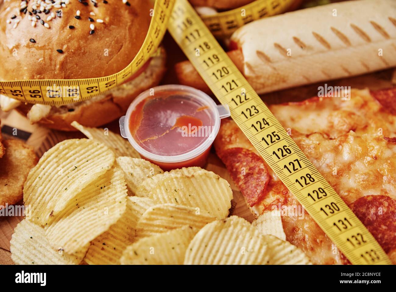 Unhealthy and junk food. Different types of fastfood and snacks on
