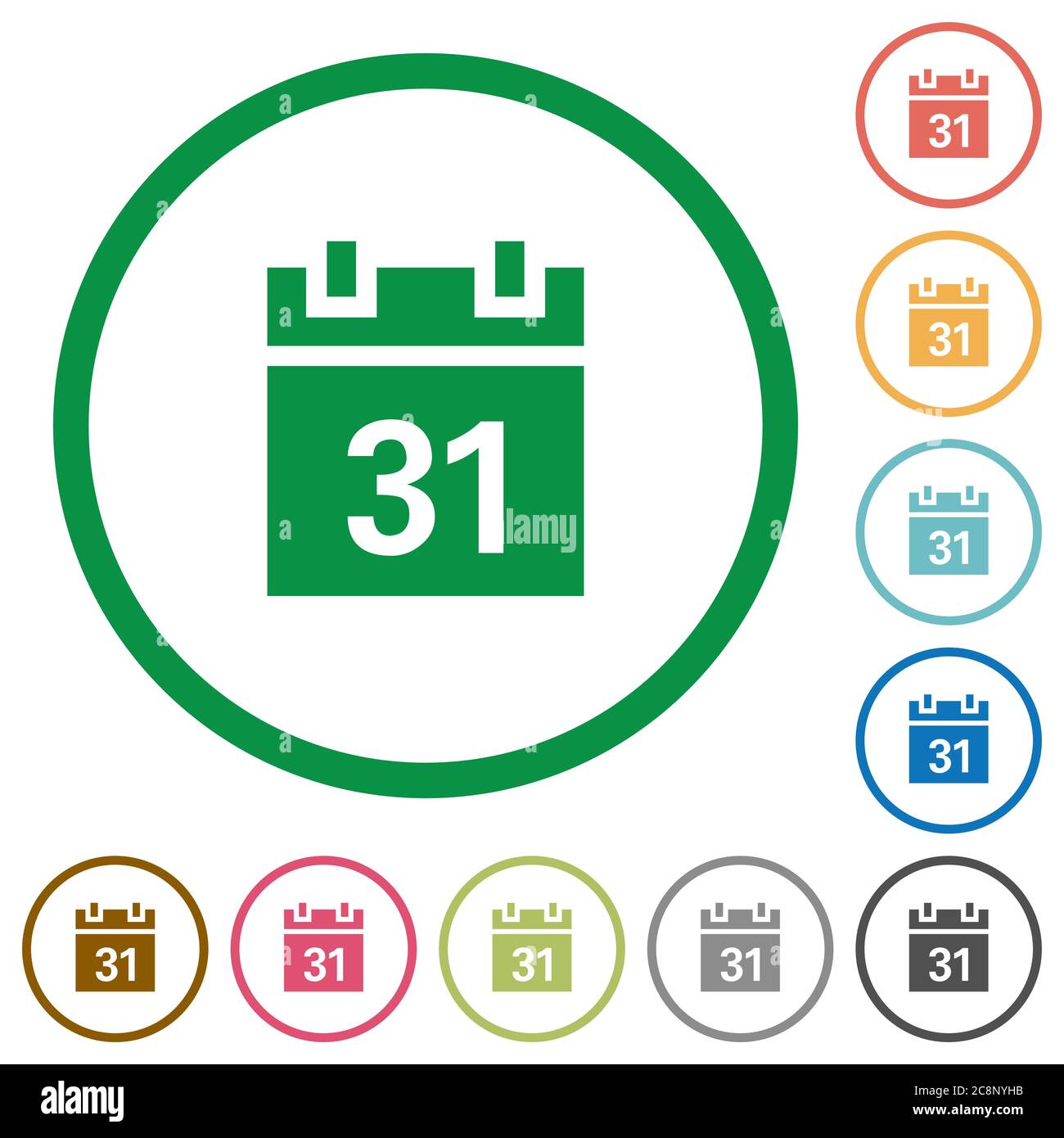 Set of calendar color round outlined flat icons on white background ...