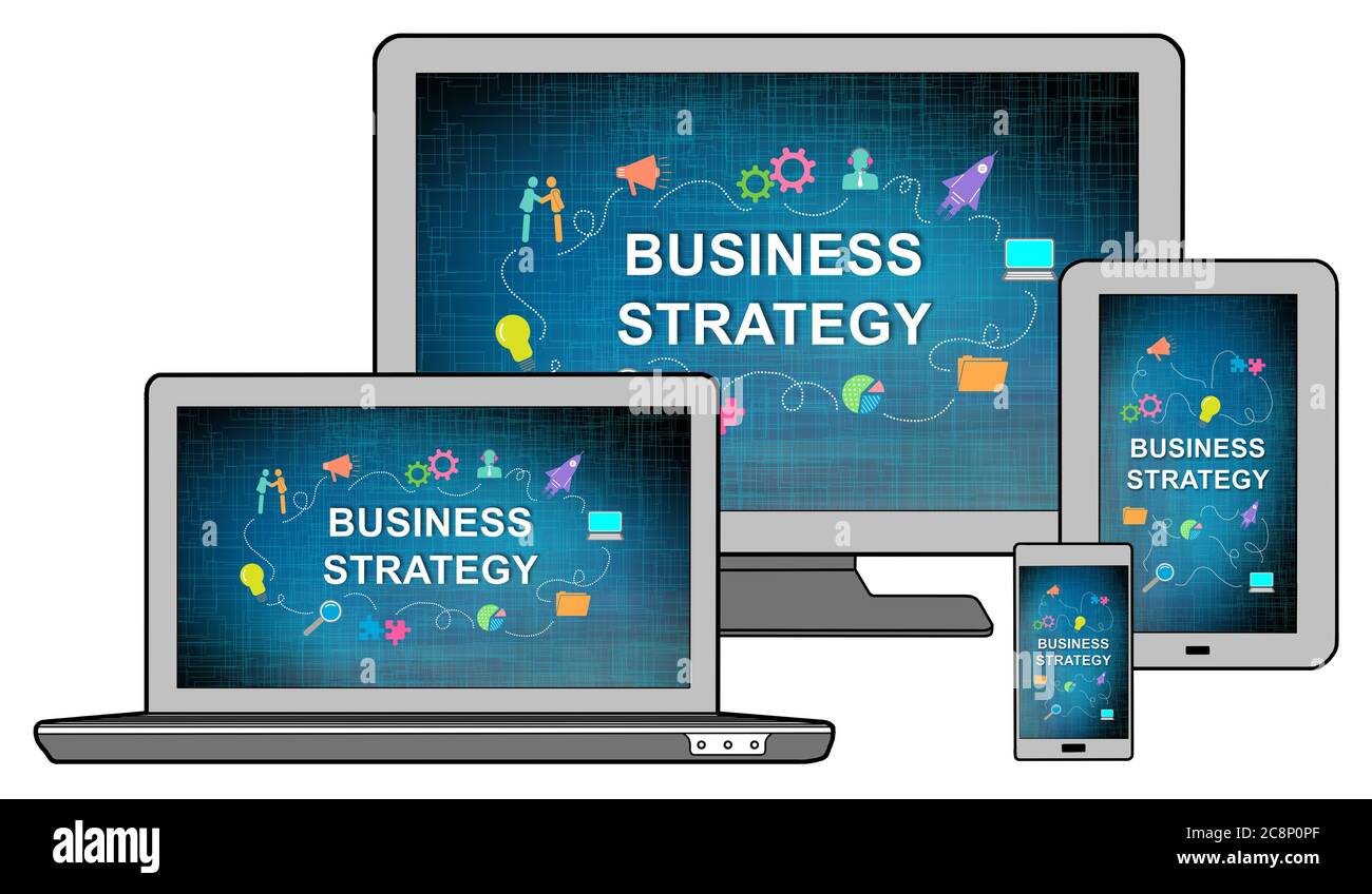 Business strategy concept shown on different information technology devices Stock Photo