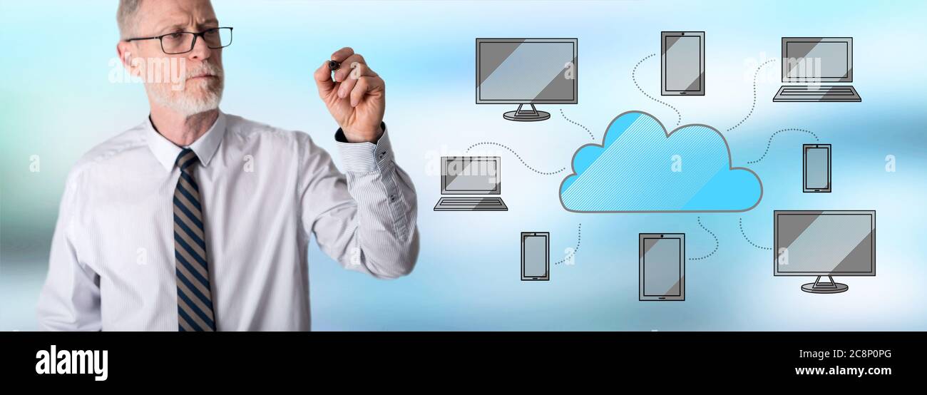 Cloud computing concept drawn by a businessman Stock Photo