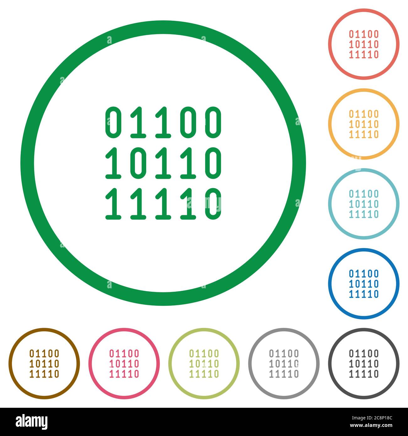 Set of Binary code color round outlined flat icons on white background ...