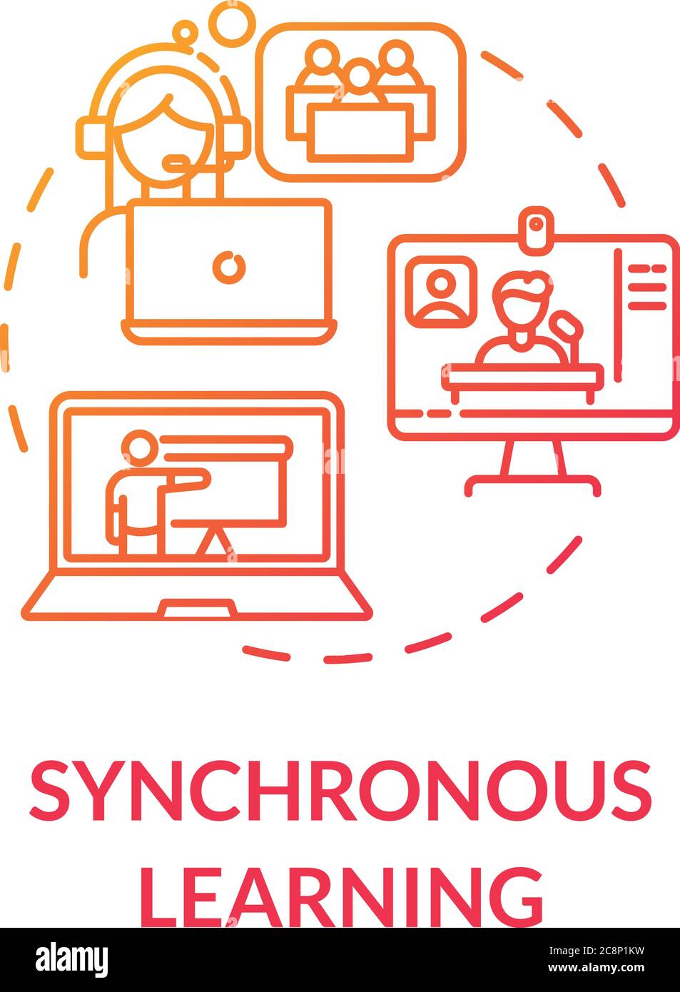 Synchronous learning concept icon. Technologies in education. Hybrid learning. Web conferencing. Distance education idea thin line illustration. Vecto Stock Vector