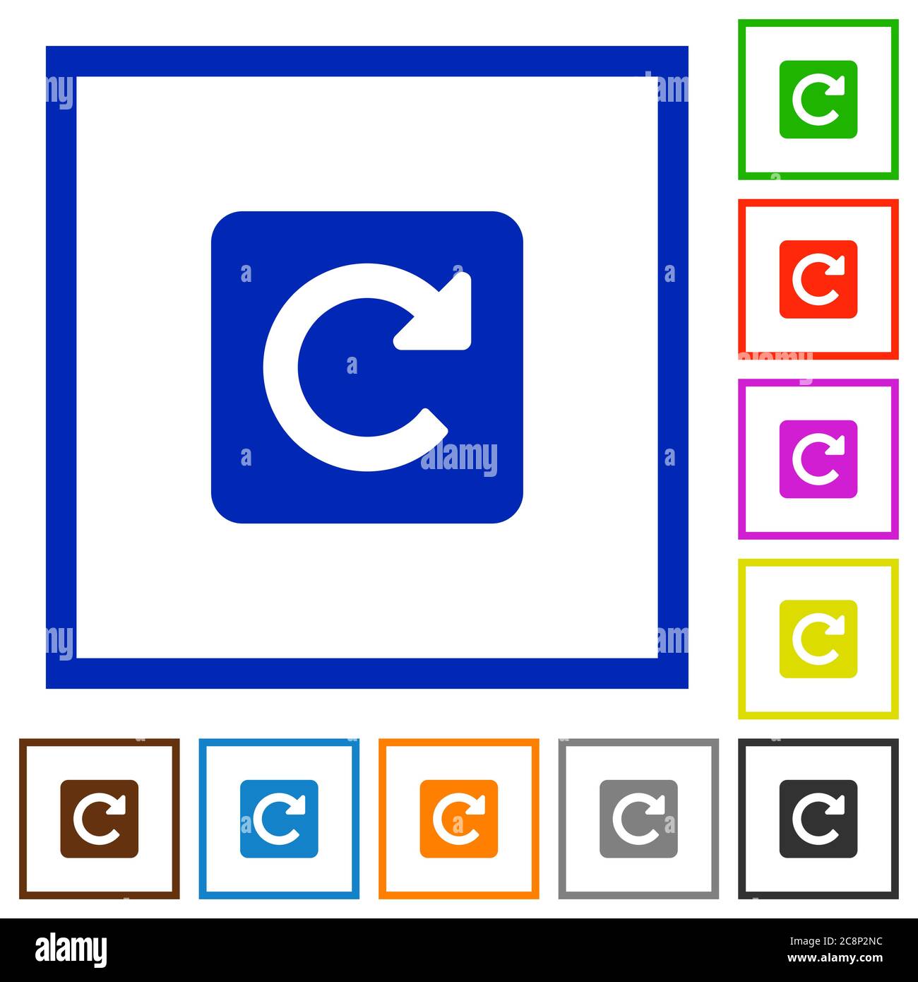 Set of color square framed Rotate right flat icons on white background ...