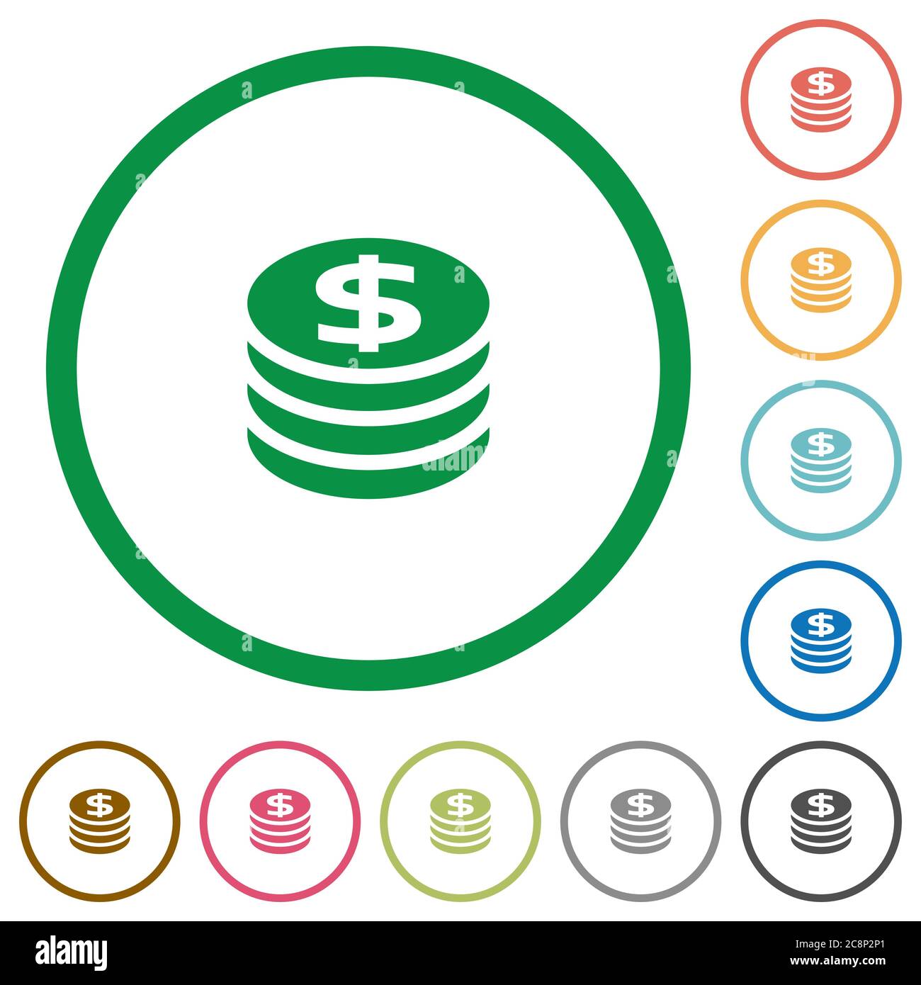 Set of Dollar coins color round outlined flat icons on white background ...