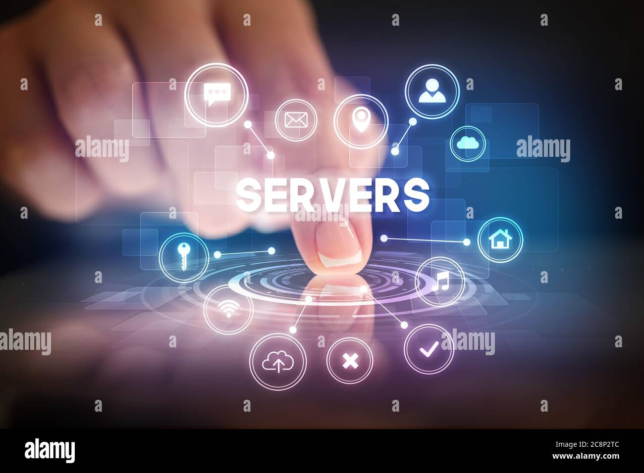 Finger touching tablet with web technology icons and SERVERS ...