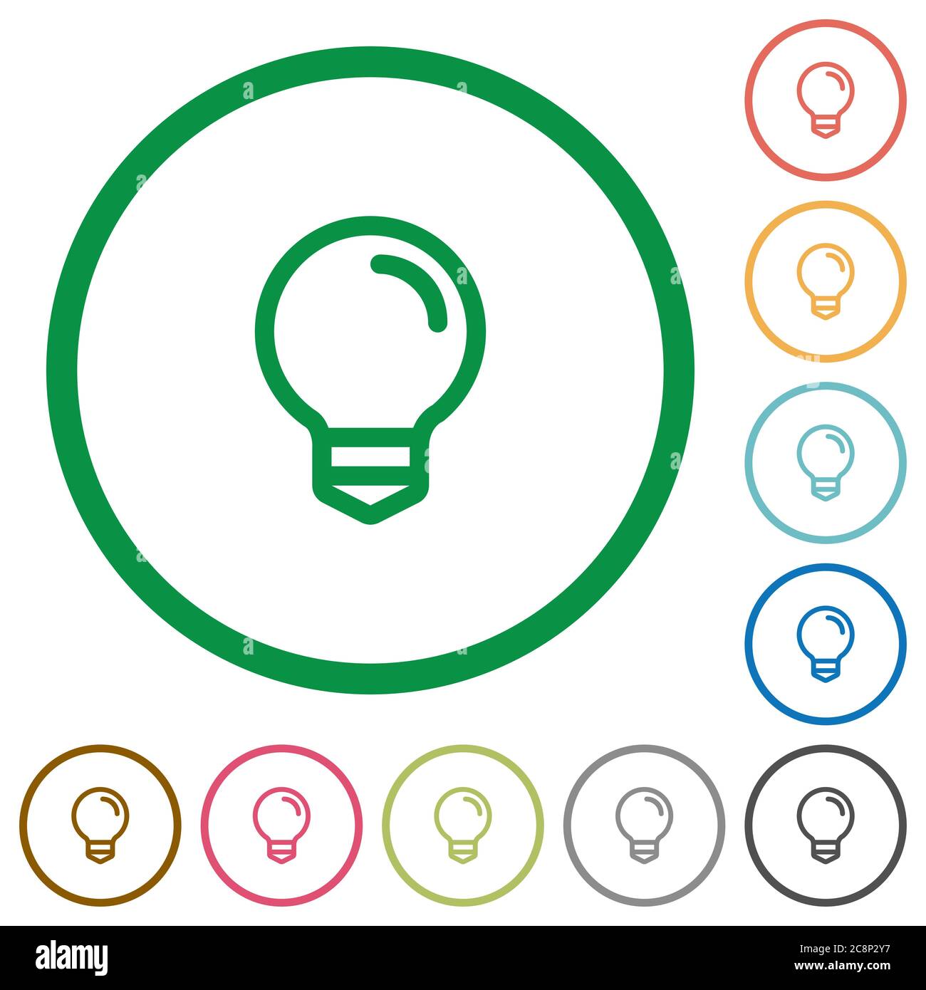 Set of Light bulb color round outlined flat icons on white background ...
