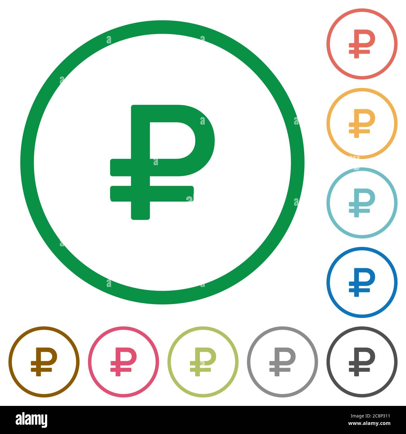 Set of Ruble sign color round outlined flat icons on white background ...