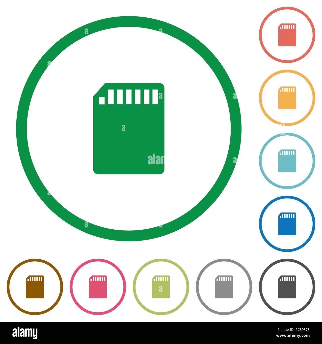Set of SD memory card color round outlined flat icons on white ...