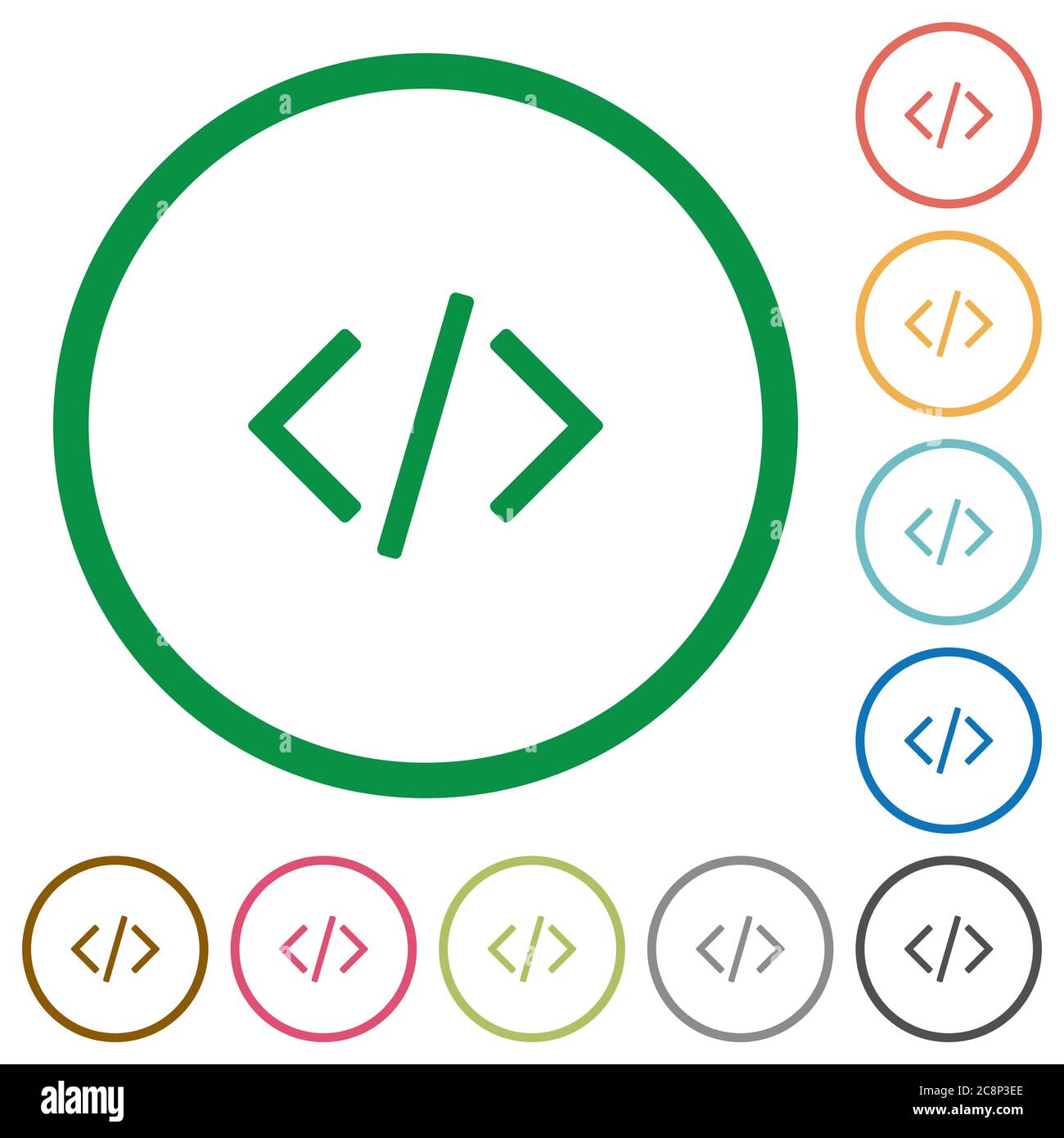 Set of programming code color round outlined flat icons on white ...