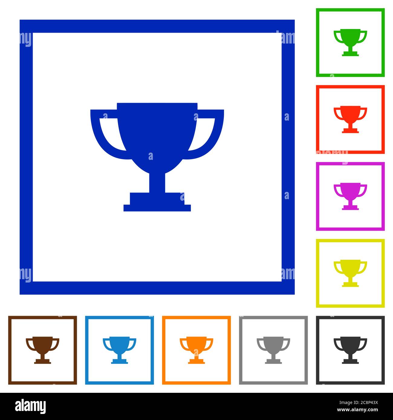 Set of color square framed Trophy cup flat icons on white background ...