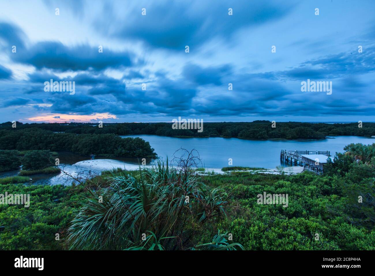 Long exposure  photograph of a elevated view looking over a small inlet in Cedar Key Florida on the Gulf of Mexico Stock Photo