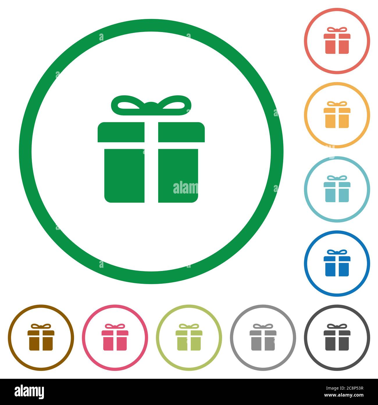 Set of Gift box color round outlined flat icons on white background ...