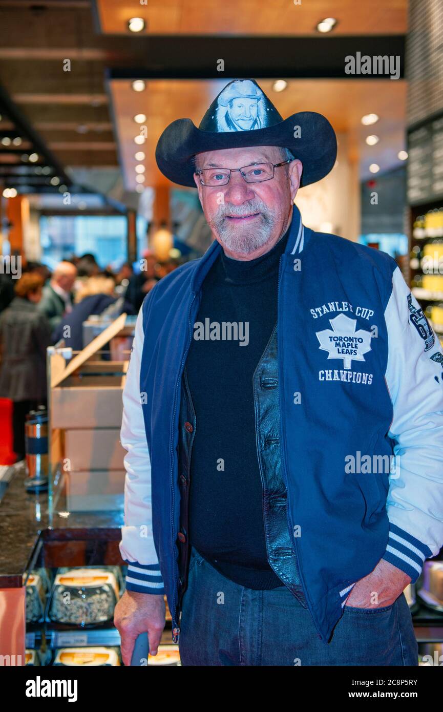 Toronto, Canada - November 30, 2011:  Former Toronto Maple Leaf 4 time Stanley Cup Champion Eddie 'The Entertainer' Shack at the reopening of Maple Leaf Gardens as a Loblaws grocery store. Stock Photo