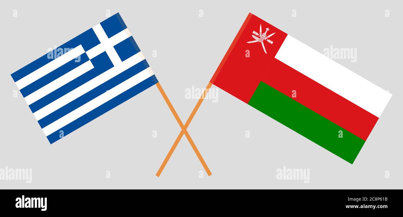 Crossed flags of Oman and Greece. Official colors. Correct proportion. Vector illustration Stock Vector