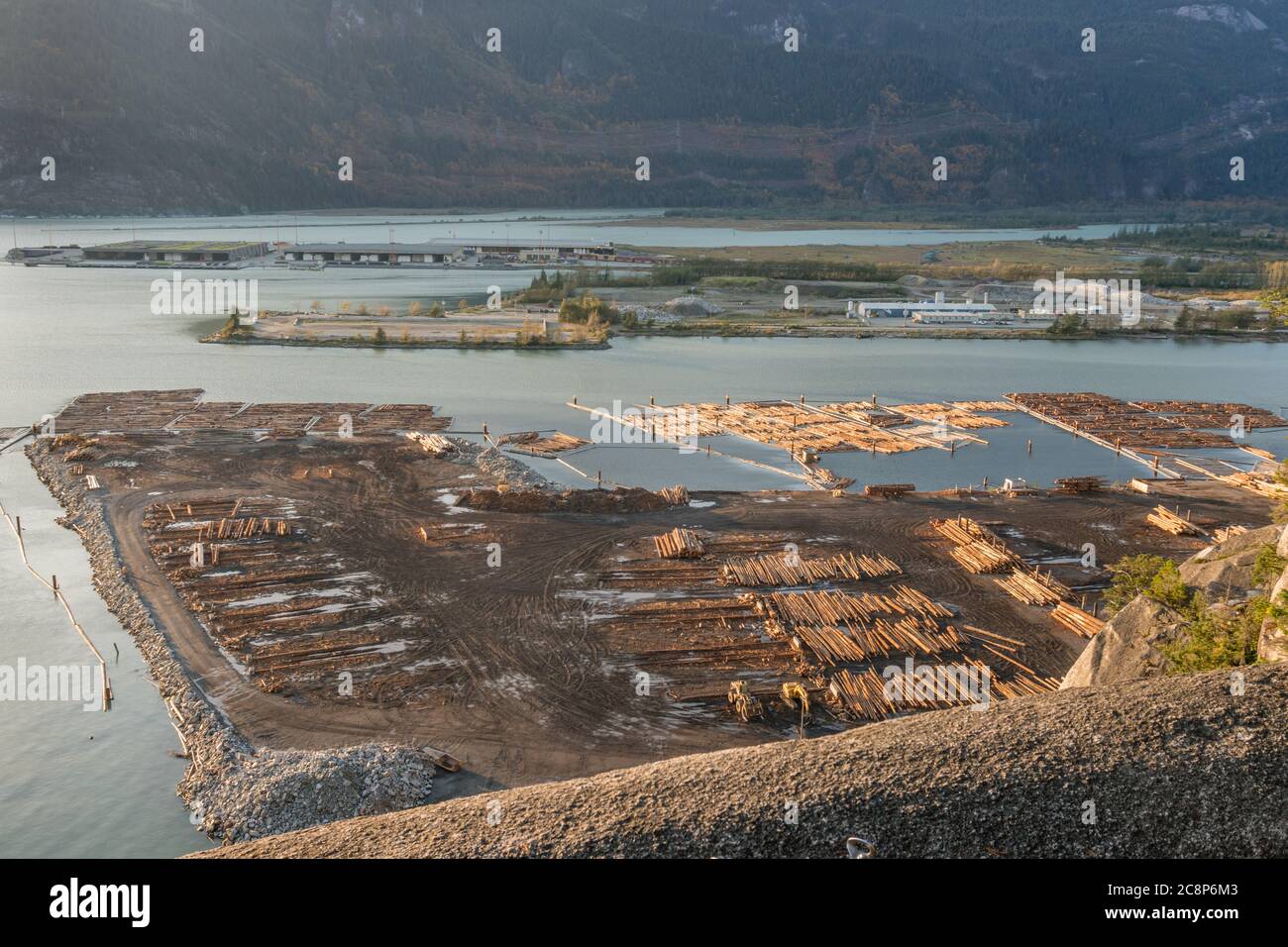 Squamish, BC/Canada-October 8, 2019: Aerial view of Squamish Mills a  logging sort located in Howe Sound. Thousands of logs are trucked in daily, grou Stock Photo