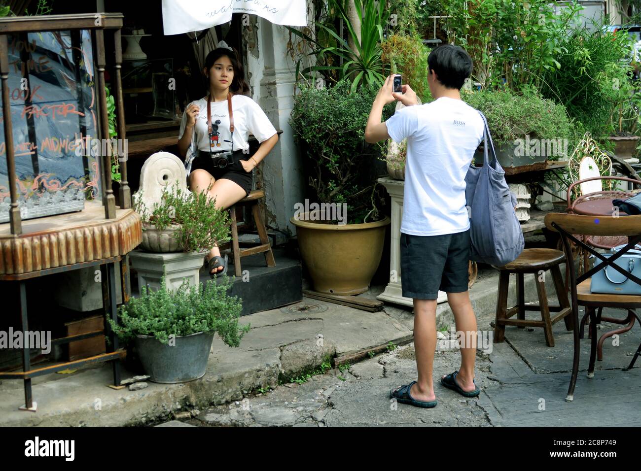 Young couple selfie-taking, Bangkok, Thailand Stock Photo