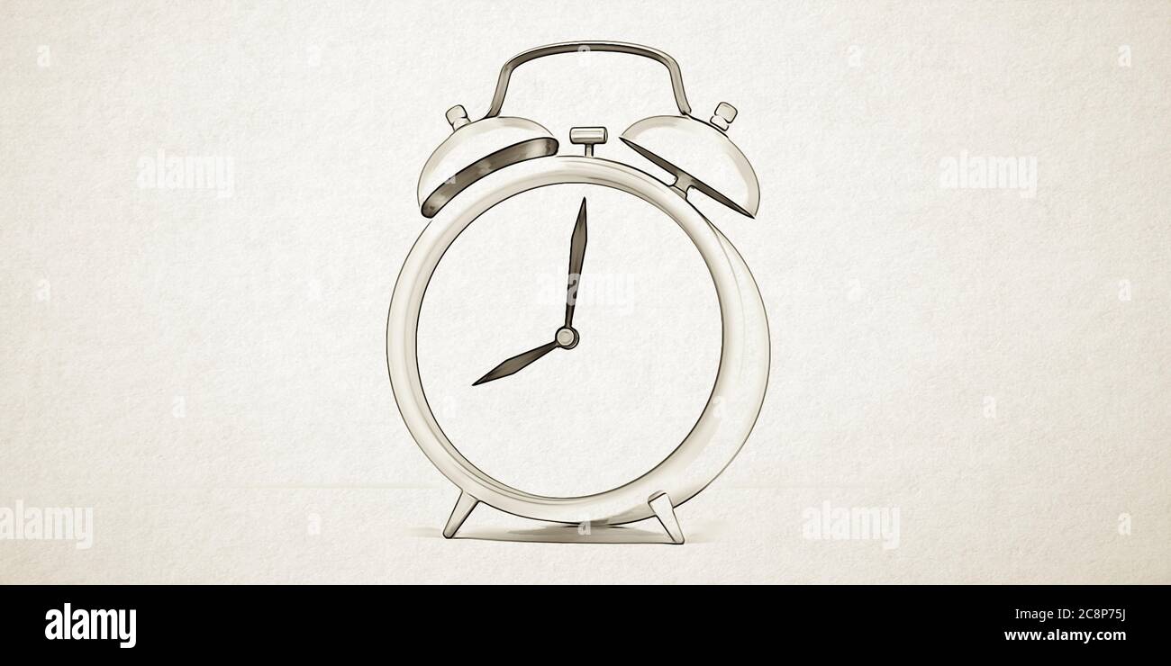 Alarm clock cartoon of black outline, simple, isolated on white color rough paper background. Vintage retro clock with hour and minute hands, Classic Stock Photo