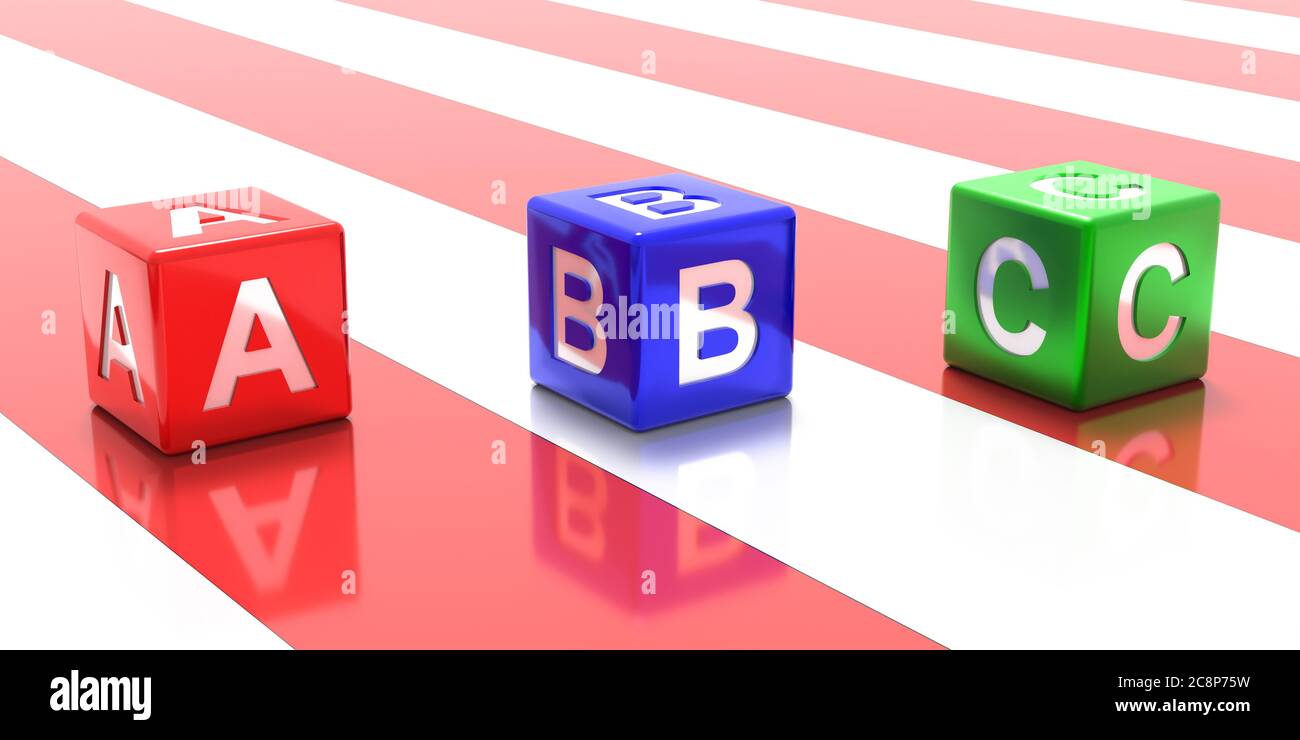 School, preschool keep distance, coronavirus days concept. Abc letters on colorful cubes, red white color stripes background. 3d illustration Stock Photo