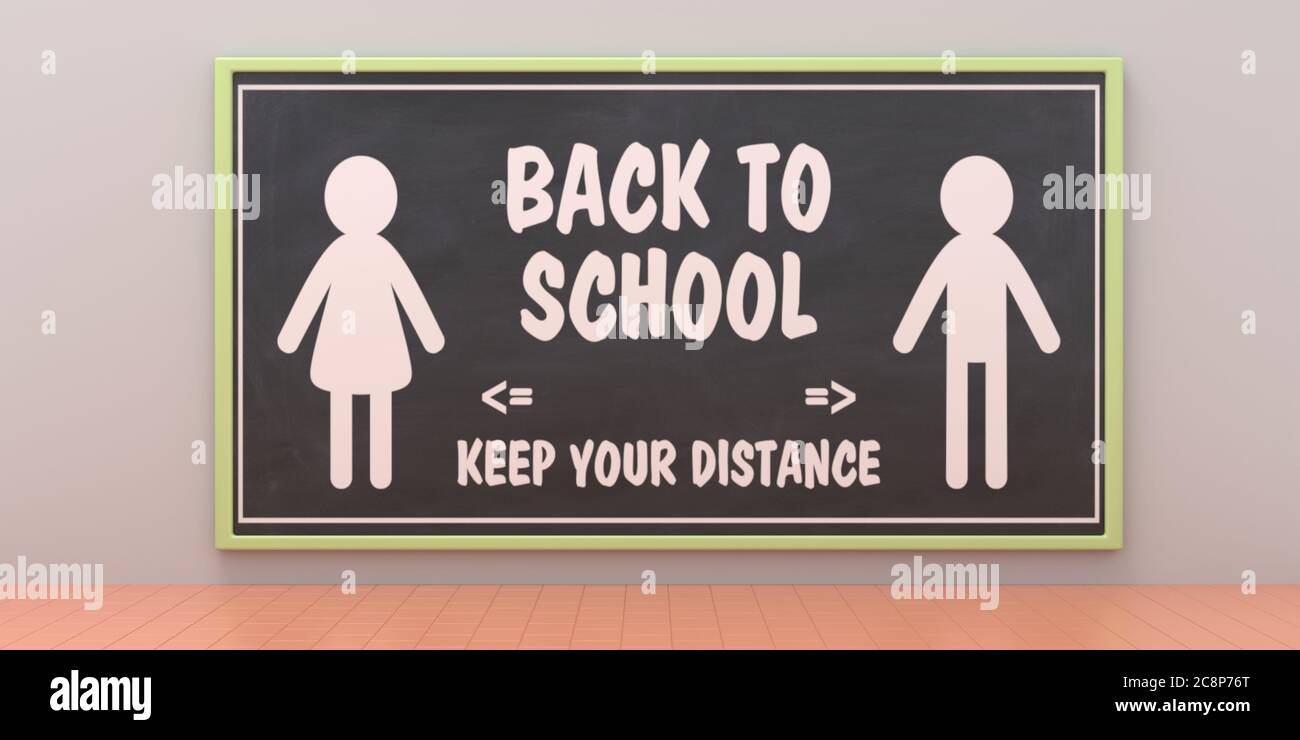 BACK TO SCHOOL KEEP YOUR DISTANCE text message on blackboard, classroom background,  Coronavirus spread in school prevention measure sign. 3d illustra Stock Photo