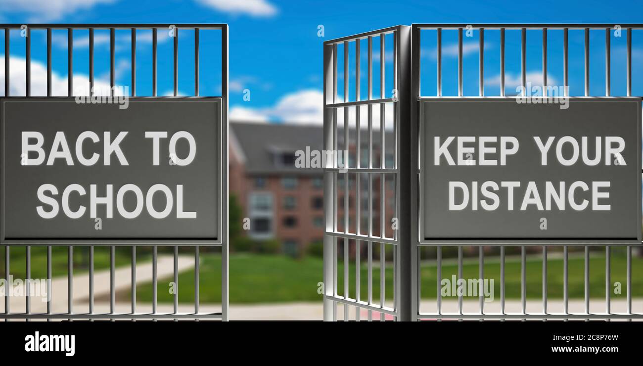 School at Coronavirus days. BACK TO SCHOOL KEEP YOUR DISTANCE text message sign on metal fence, open door gate, blur buildings background, 3d illustra Stock Photo