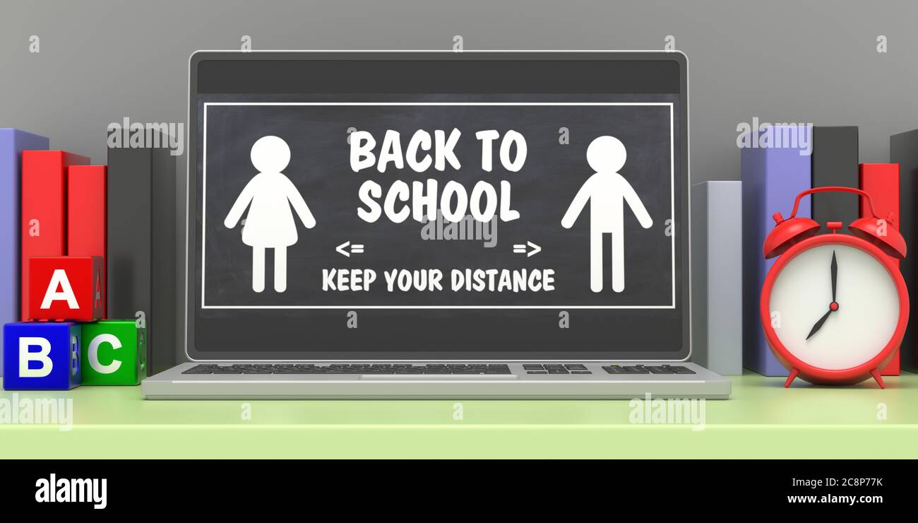 BACK TO SCHOOL KEEP YOUR DISTANCE text message on laptop screen, student desk background,  Coronavirus spread in school prevention measure sign. 3d il Stock Photo