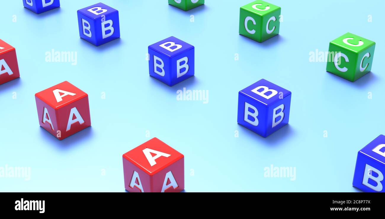 School, preschool keep distance, coronavirus days concept. Abc letter cubes in lines, blue pastel color background. 3d illustration Stock Photo