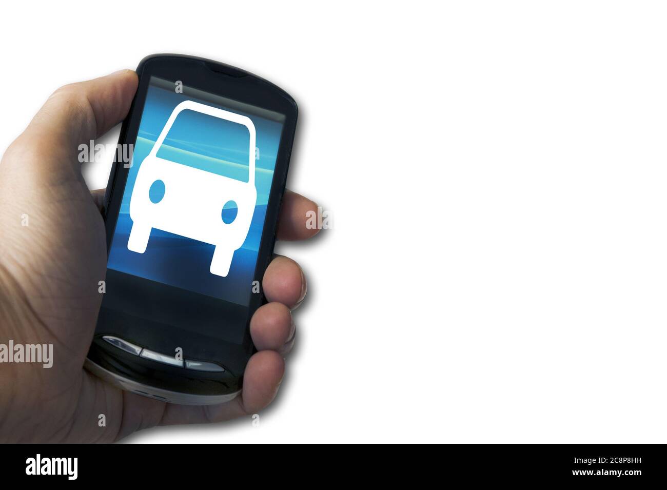 hand holding a smartphone with an icon for an app for car sharing Stock Photo
