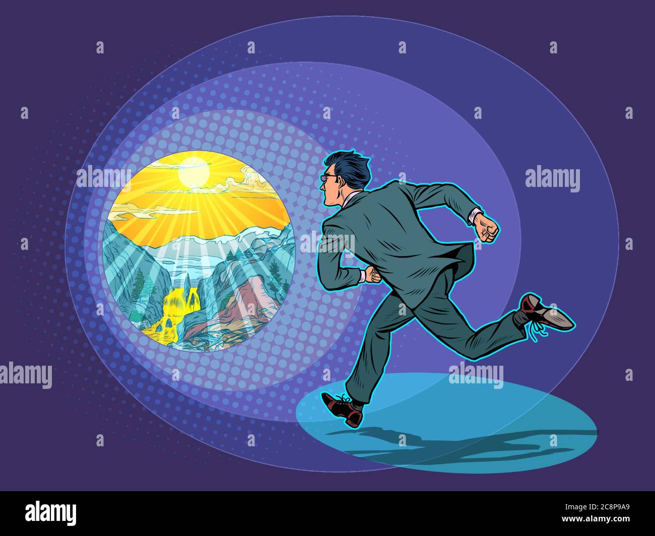 Vacation. The businessman runs to the mountain resort Stock Vector