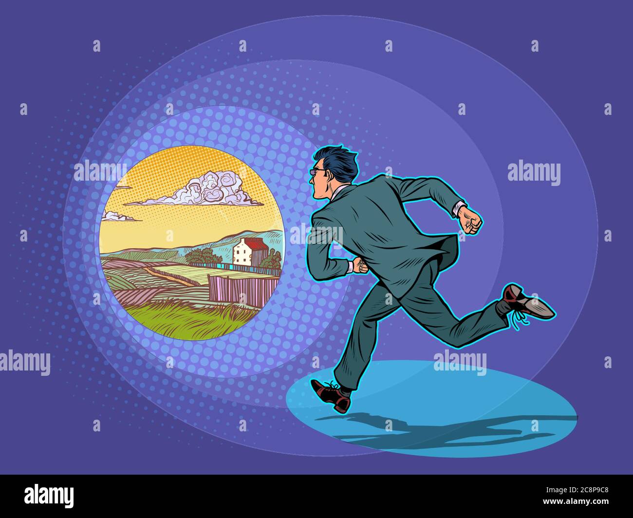 Vacation. The businessman runs to the rural landscape Stock Vector