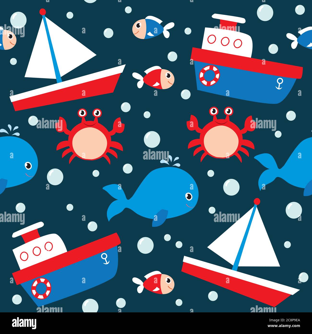 Seamless pattern with sea animals and boats Stock Photo - Alamy