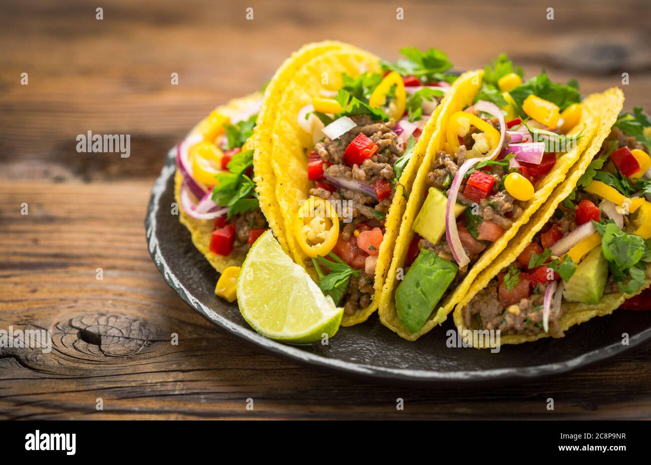 Mexican food - fresh tacos with ground meat Stock Photo