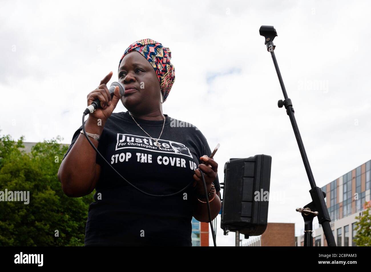 HULL, UK - JULY 11, 2020: Janet Alder speakeing at Black Lives Matter rally demanding justice for her brother's death in police custody on July 11, 20 Stock Photo
