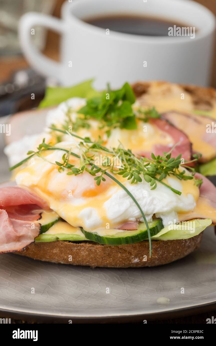 closeup of a cooked egg with coffee Stock Photo