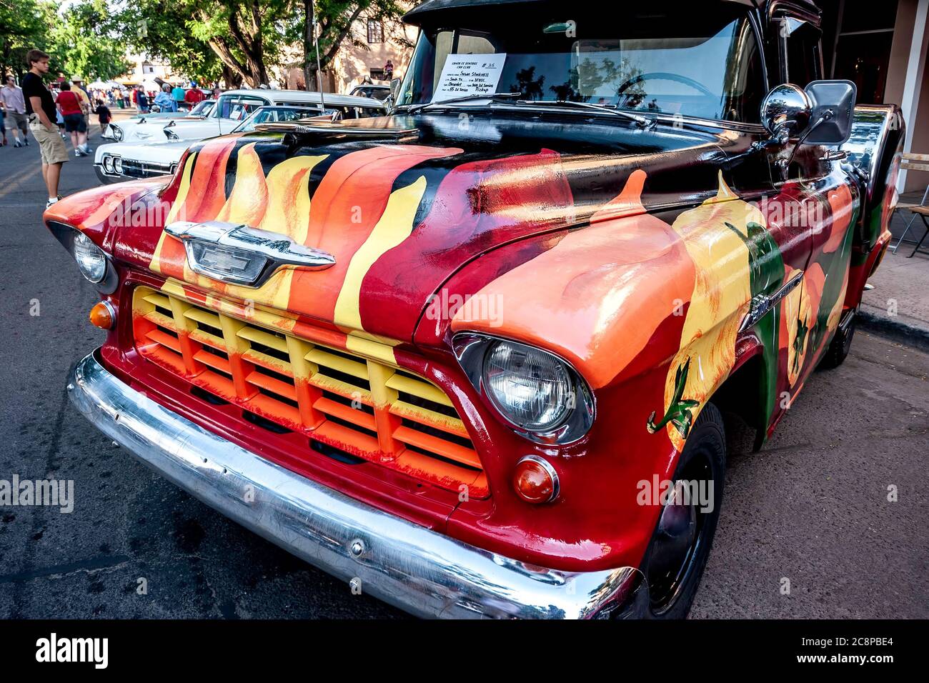 Hot peppers antique Chevy truck, Pancakes on the Plaza 4th of July Celebration, Santa Fe, New Mexico USA Stock Photo