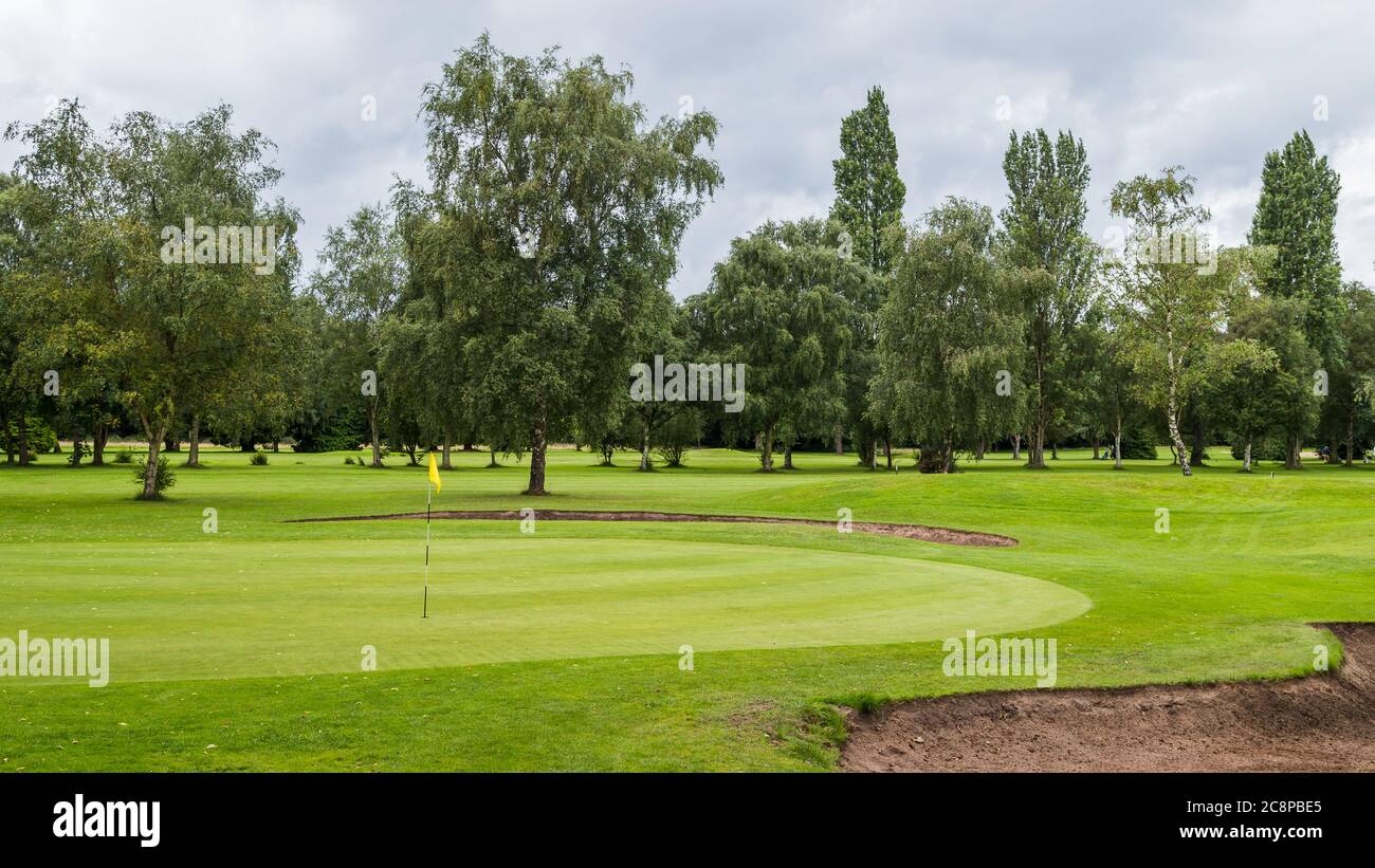 Bunkers surrounding the green on a woodland golf course Stock Photo Alamy