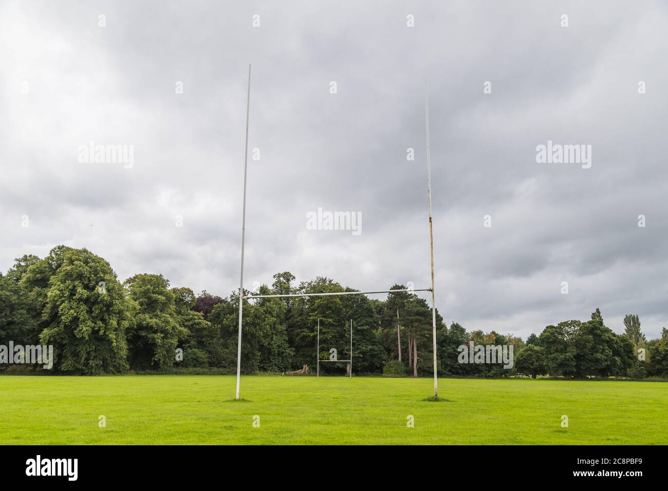 An empty amateur rugby pitch captured during the Covid 19 lock down near Liverpool in England. Stock Photo