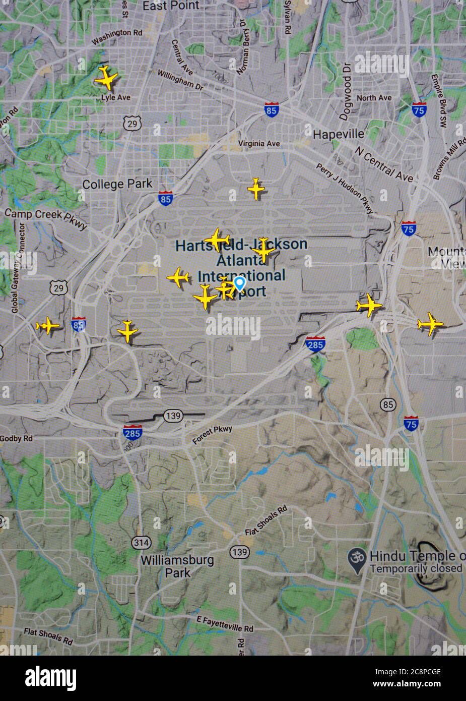 air traffic over  Hartsfield-Jackson Atlanta airport (26 july 2020, UTC  17.10)  on Internet with Flightradar 24 site, during the Coronavirus Pandemic Stock Photo