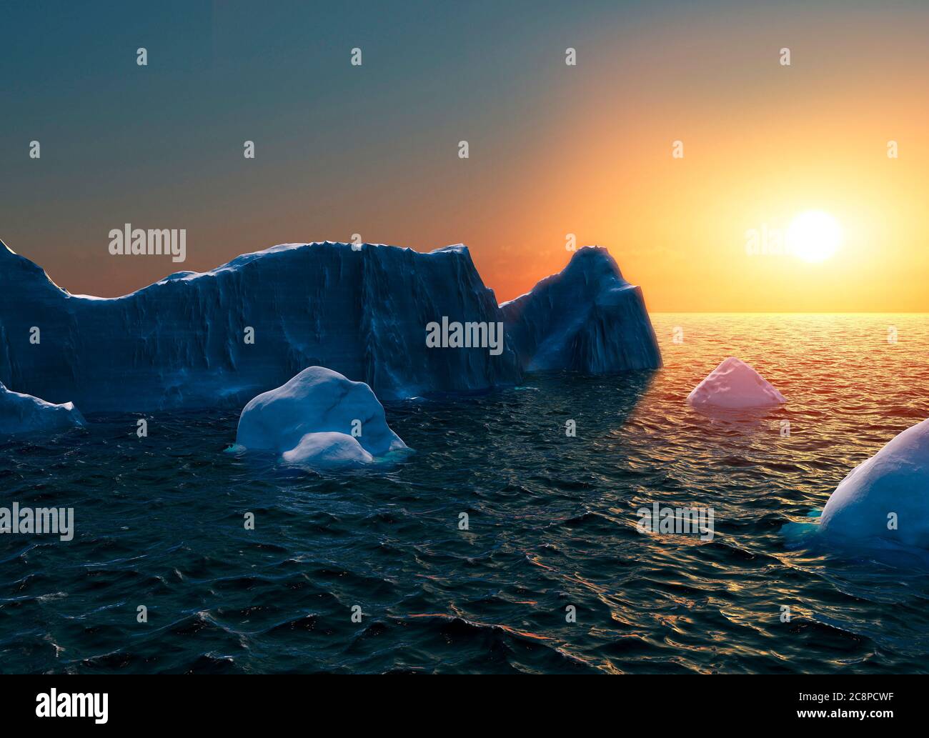 Ice melting, climate change. Sailboat sailing in the Antarctic Ocean. Arctic sea, drifting iceberg. Global warming. Sunset. 3d render Stock Photo