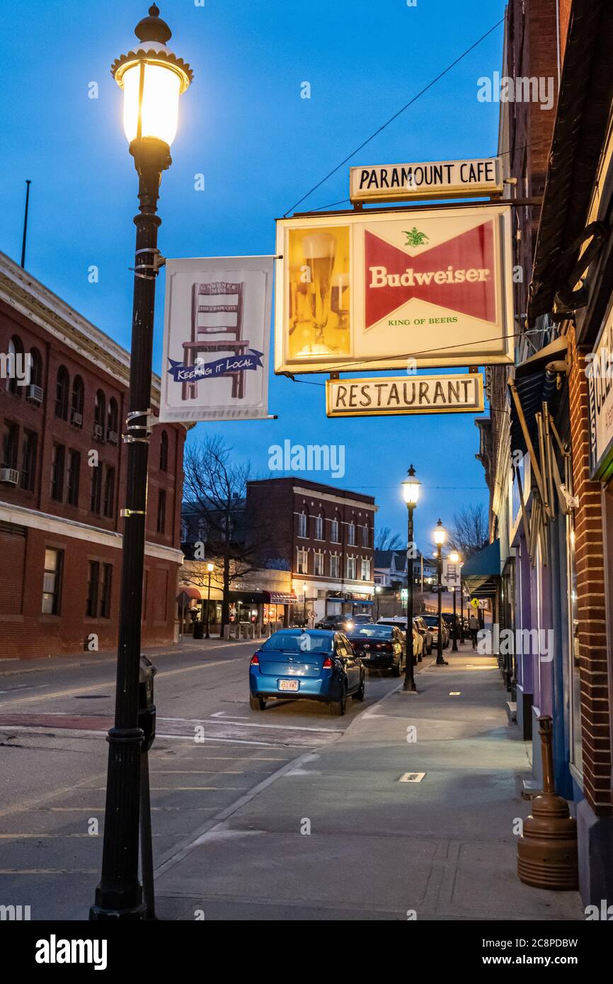 A deserted street in downtown Gardner, Massachusetts at night Stock