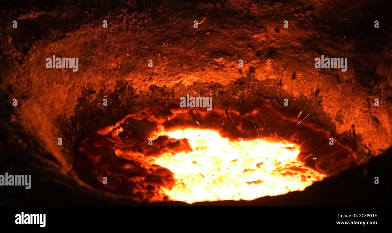 red-hot molten steel in a iron and steel enterprise production scene ...
