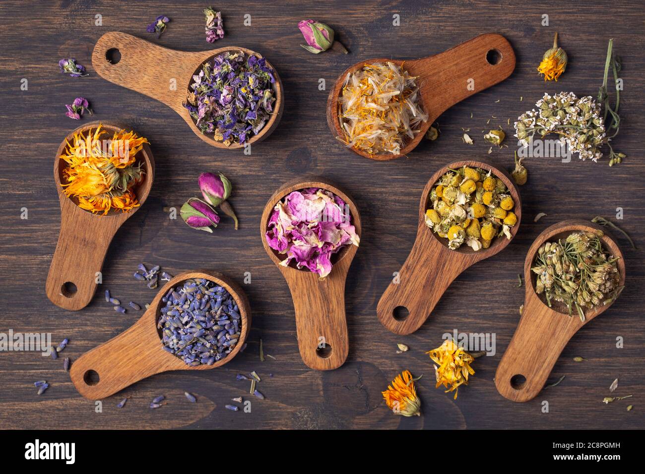 Dried flowers in wooden spoons on blue background Stock Photo