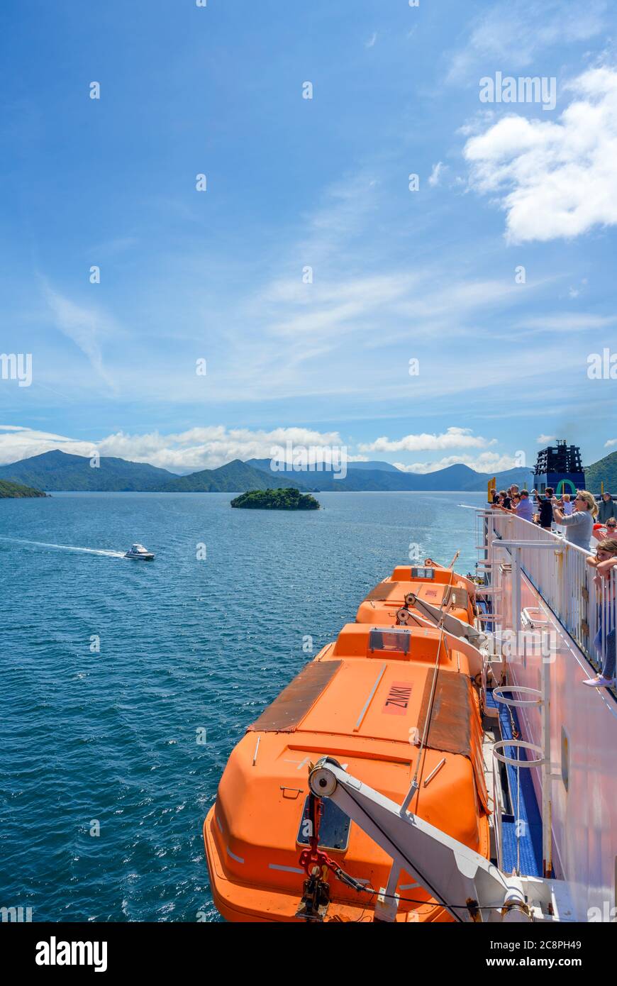 The Marlborough Sounds from the deck of the Wellington to Picton ferry, South Island, New Zealand Stock Photo