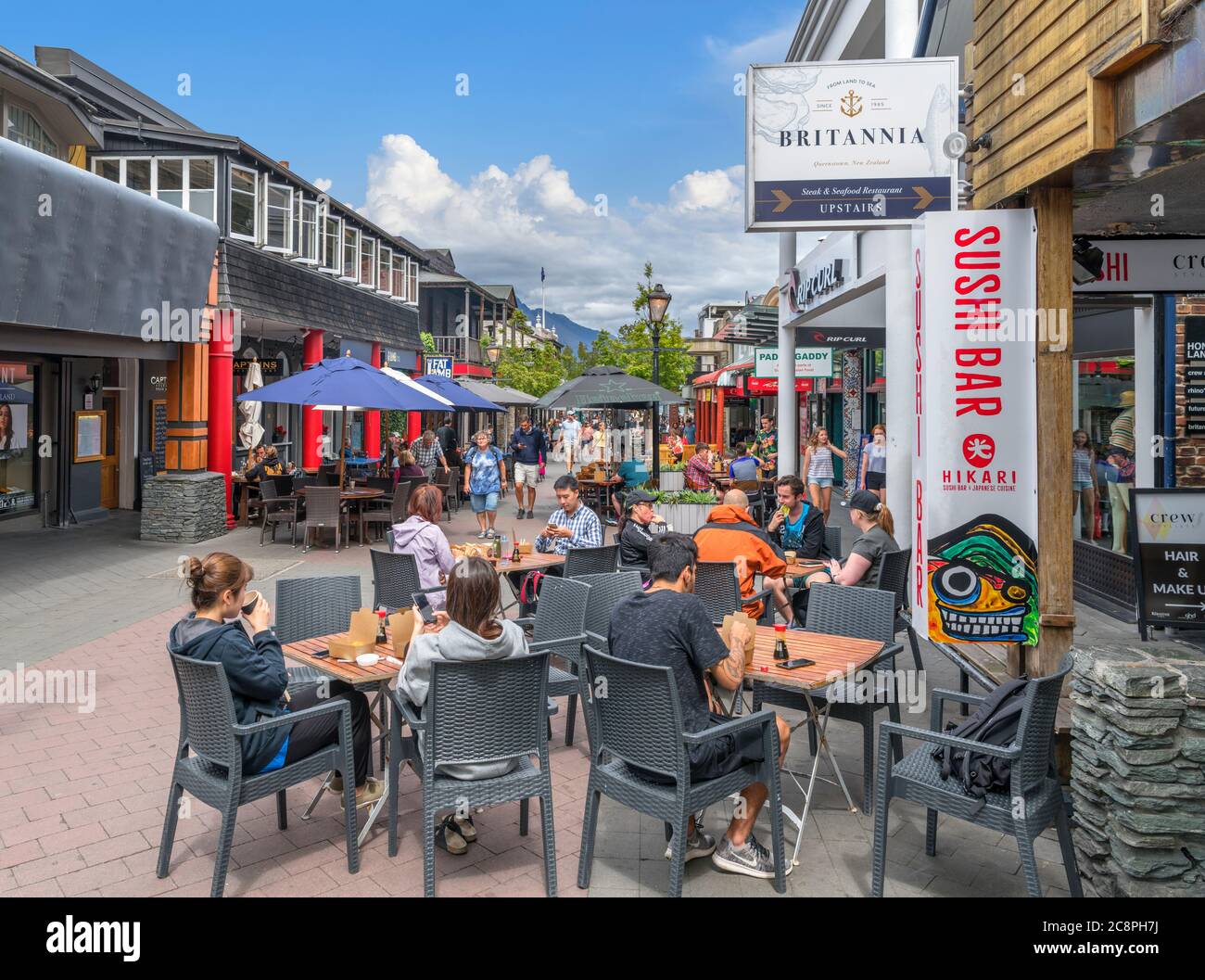 Cafes and bars on Mall Street, Queenstown, New Zealand Stock Photo