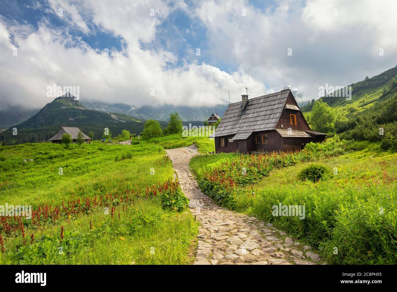 Wooden huts in Gasienicowa Valley (Dolina Gasienicowa), Tatra Mountains, Poland Stock Photo